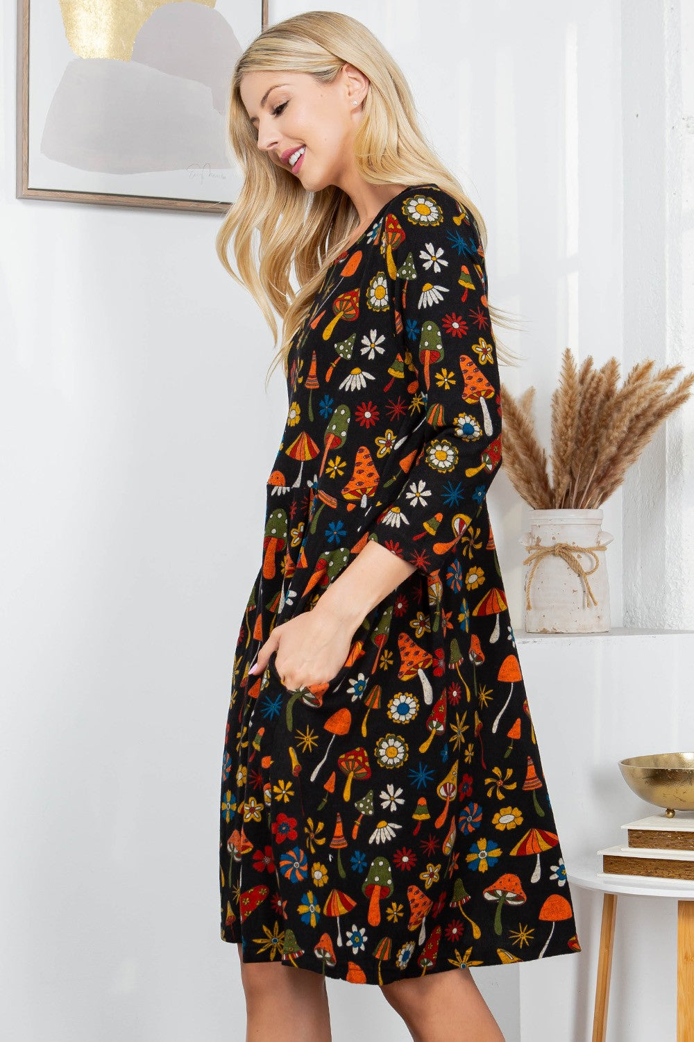 Ultimate Retro Mushroom Print Sweater Dress - Black