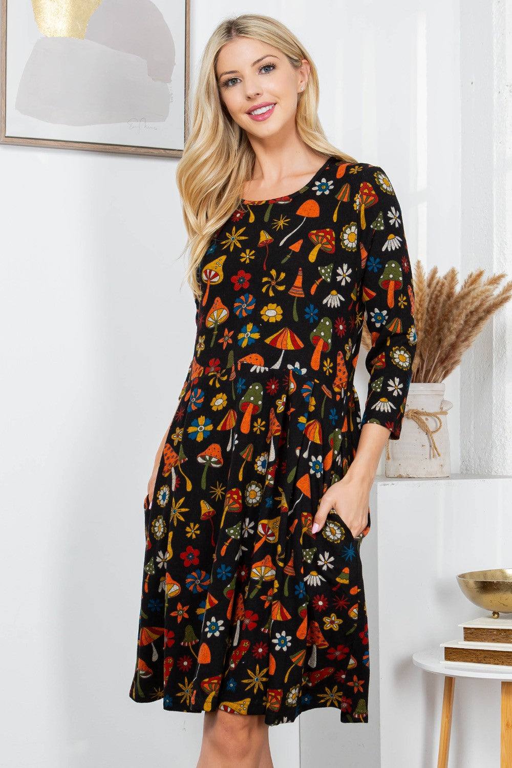Ultimate Retro Mushroom Print Sweater Dress - Black