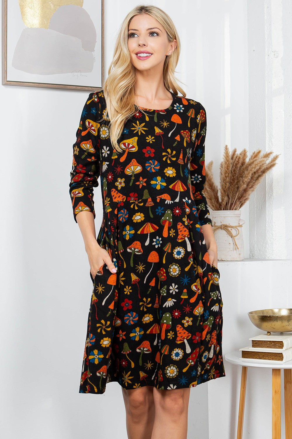 Ultimate Retro Mushroom Print Sweater Dress - Black